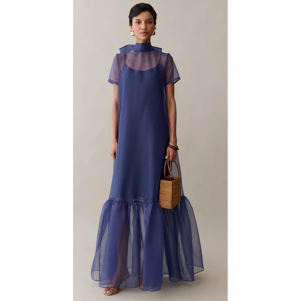 Few Moda CAARA Navy Blue Sheer Organza Maxi Dress with Slip Liner Size Small NWT